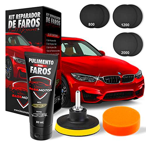 Kit Restauración Faros Desgastados Para Pulir 2 Faros de Coche Renovador Pulimento Faros Opacos Amarillos ITV Arañazos y Degradación Mejor Visibilidad y Seguridad Kit Competo para Uso Fácil en Casa