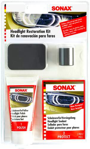 SONAX Set de preparación de faros (85 ml) para el tratamiento de cubiertas de faros de plástico amarillentas y mates | N.º 04059410-544